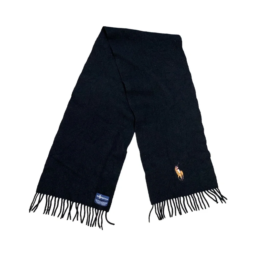Polo Ralph Lauren 100% Lambswool Italy Scarf Black Large Polo Embroidered 10x50‎